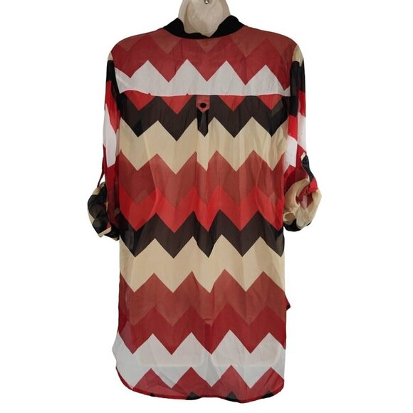 Takara Red Tan Black Shirt Blouse Women Size M Roll Tab Sleeve Chevron Print - Picture 4 of 10